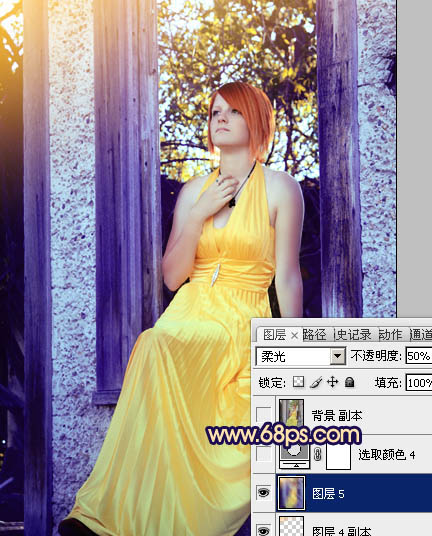 Photoshop将窗户上女孩图片调制出柔美的橙蓝色