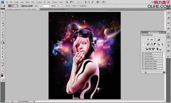 photoshop合成绚丽的潮流星光美女插画效果