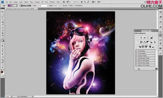 photoshop合成绚丽的潮流星光美女插画效果