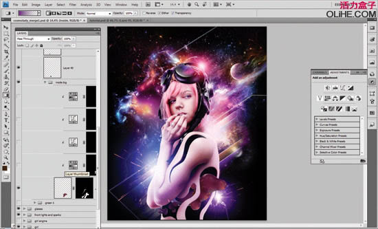 photoshop合成绚丽的潮流星光美女插画效果