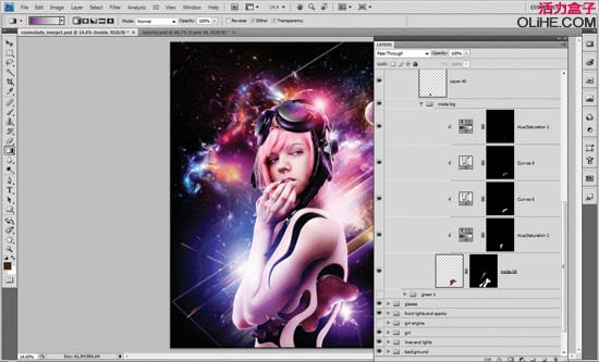 photoshop合成绚丽的潮流星光美女插画效果