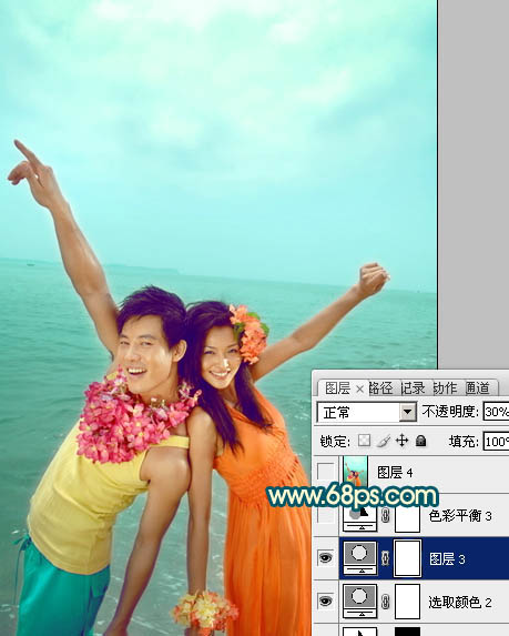 Photosho为海景情侣图片加上艳丽的青黄色