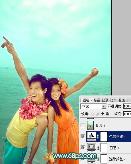 Photosho为海景情侣图片加上艳丽的青黄色