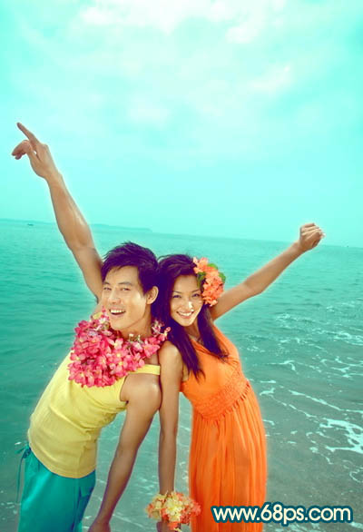 Photosho为海景情侣图片加上艳丽的青黄色