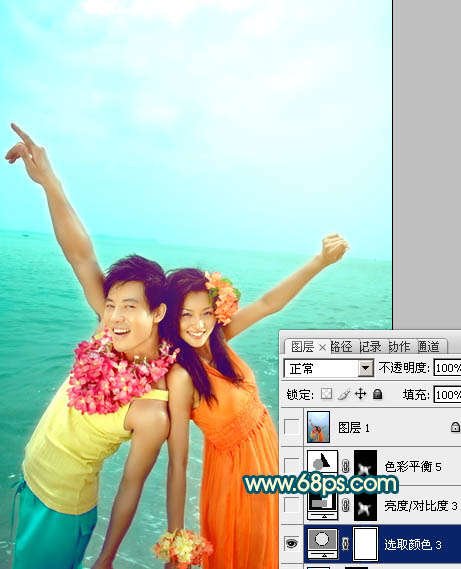 Photosho为海景情侣图片加上艳丽的青黄色