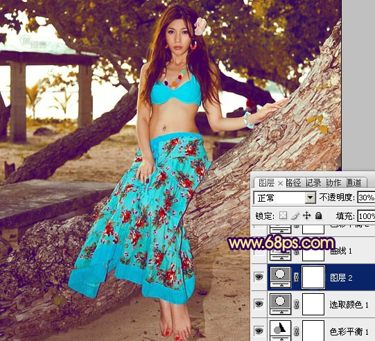 Photoshop将树林女孩图片调出柔美的暗调暖色调