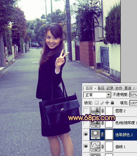 Photosho将街道人物图片打造出甜美紫褐色