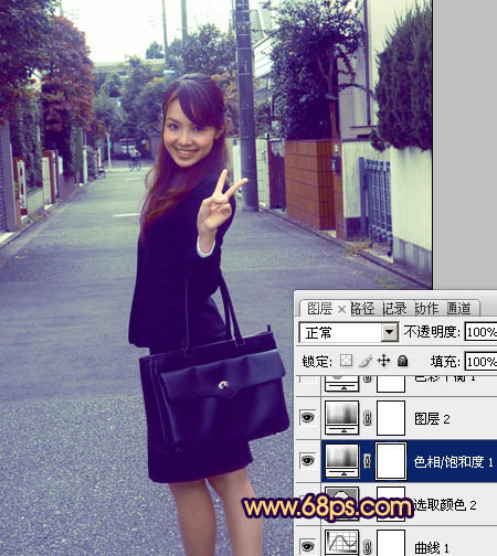 Photosho将街道人物图片打造出甜美紫褐色