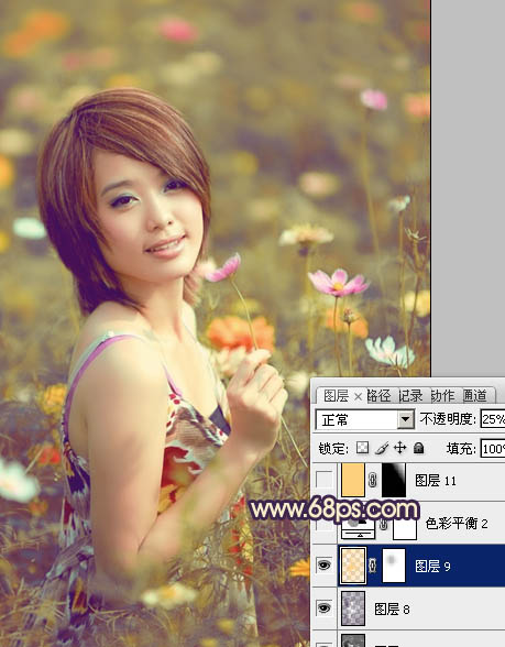 Photoshop将花景女孩图片调出流行的淡暖色效果