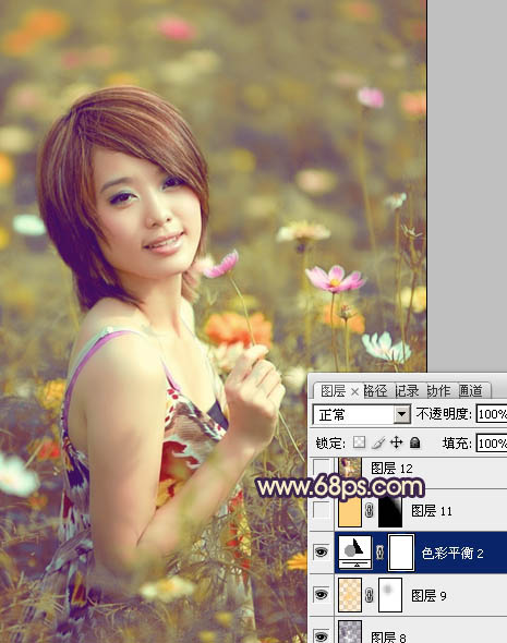 Photoshop将花景女孩图片调出流行的淡暖色效果