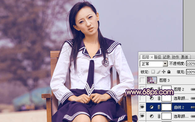 Photoshop将外景人物图片调成甜美的淡淡青紫色