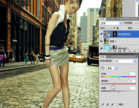 Photoshop下将街道美女图片调成鲜艳的橙红色