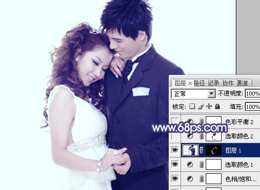 Photoshop将婚片打造出纯美的淡调青紫色效果