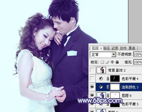 Photoshop将婚片打造出纯美的淡调青紫色效果