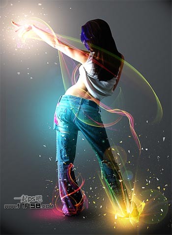 photoshop将女生图片合成动感的彩色光电效果