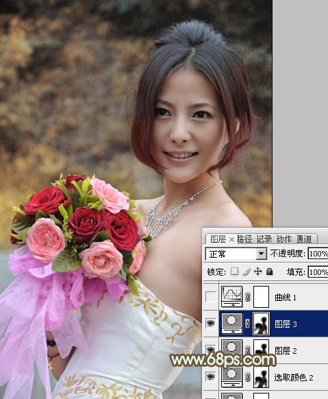 Photoshop将女孩婚片调出柔美的秋季黄褐色效果