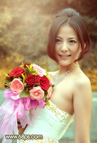 Photoshop将女孩婚片调出柔美的秋季黄褐色效果