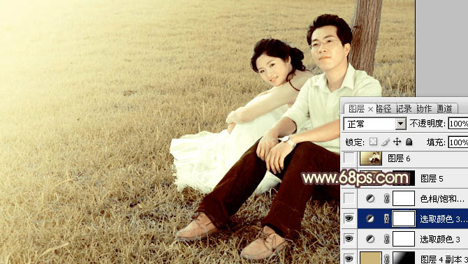 Photoshop将草地情侣图片调制出纯美的秋天黄褐色效果