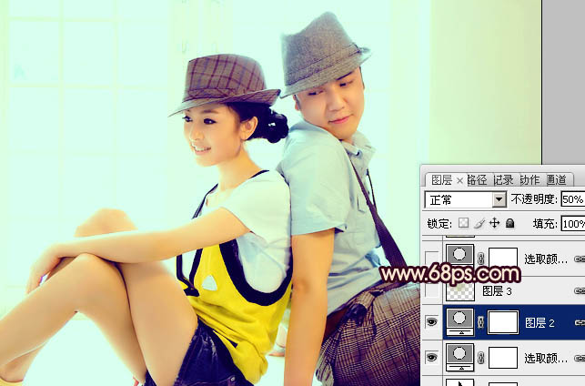 Photoshop为室内人物图片增加淡淡的青黄色