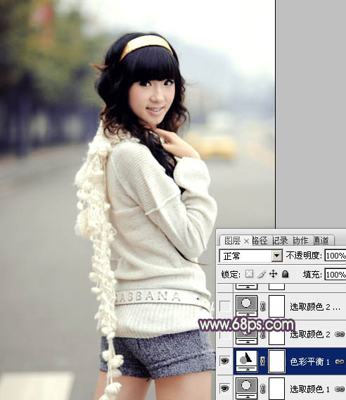 Photoshop为街道女生图片加上淡绿韩系色