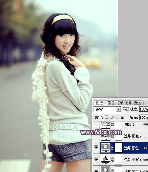 Photoshop为街道女生图片加上淡绿韩系色