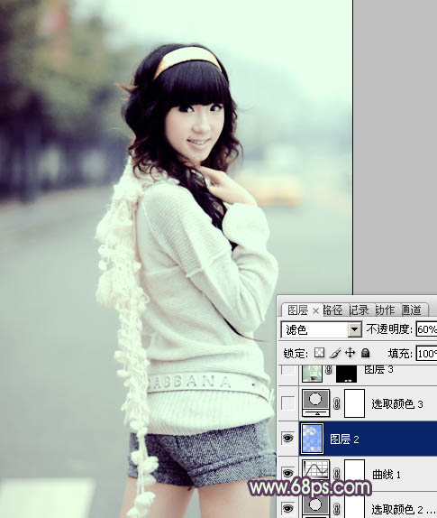 Photoshop为街道女生图片加上淡绿韩系色
