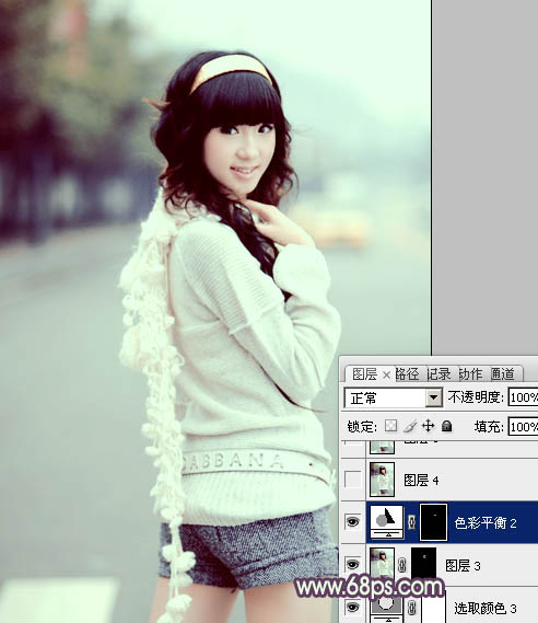 Photoshop为街道女生图片加上淡绿韩系色