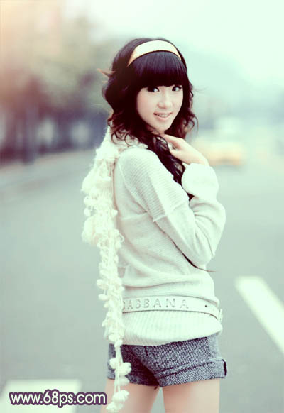 Photoshop为街道女生图片加上淡绿韩系色