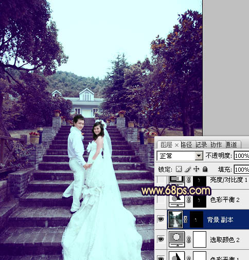 Photoshop为公园婚片加上柔美的暗调蓝紫色效果