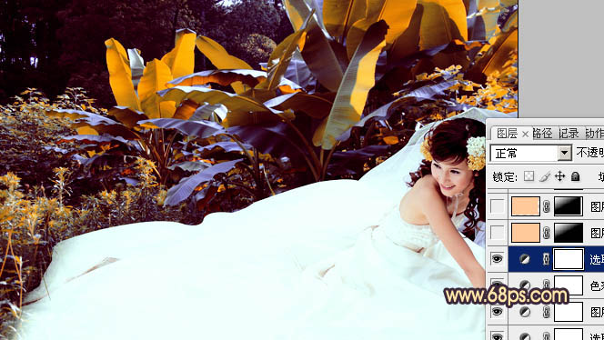 Photoshop将外景女孩婚片调成甜美的橙紫色