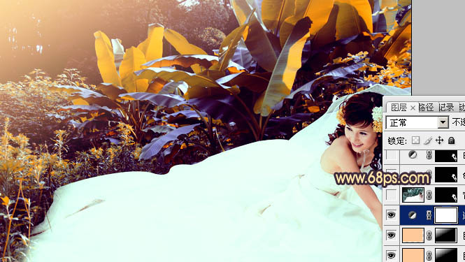 Photoshop将外景女孩婚片调成甜美的橙紫色