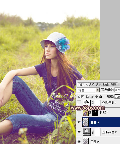 Photoshop将草地女孩图片调成鲜艳的蓝黄色