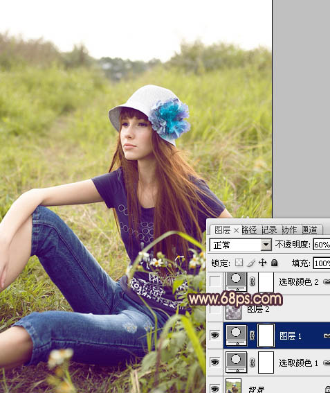 Photoshop将草地女孩图片调成鲜艳的蓝黄色