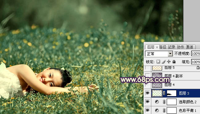 Photoshop 为草地人物图片增加淡雅的蓝褐色效果