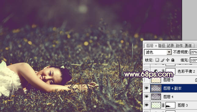 Photoshop 为草地人物图片增加淡雅的蓝褐色效果