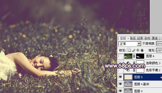 Photoshop 为草地人物图片增加淡雅的蓝褐色效果