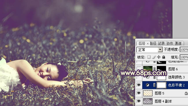 Photoshop 为草地人物图片增加淡雅的蓝褐色效果