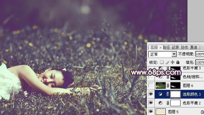 Photoshop 为草地人物图片增加淡雅的蓝褐色效果