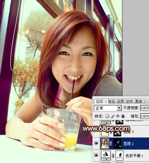 Photoshop将室内人物照片调成甜美的青褐色