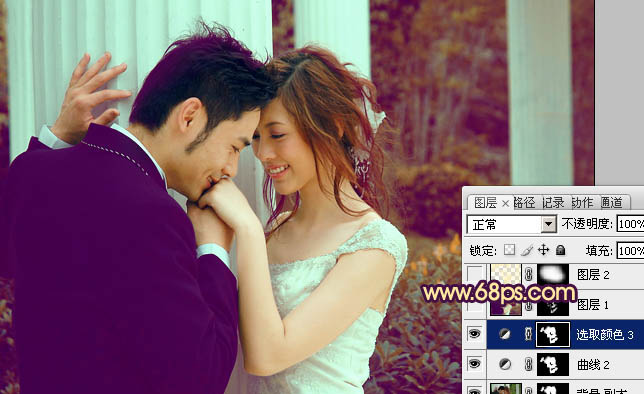 Photoshop为古建筑婚片调成柔美的黄紫色