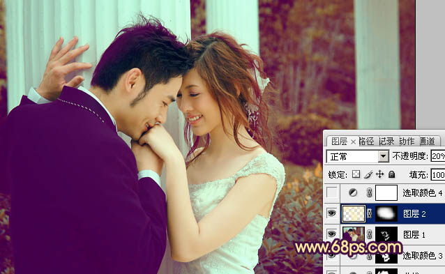 Photoshop为古建筑婚片调成柔美的黄紫色
