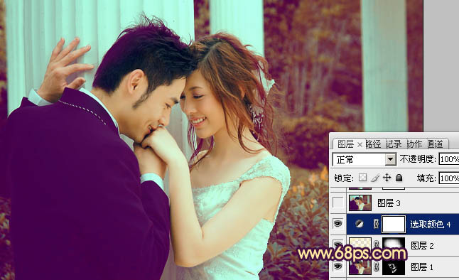 Photoshop为古建筑婚片调成柔美的黄紫色