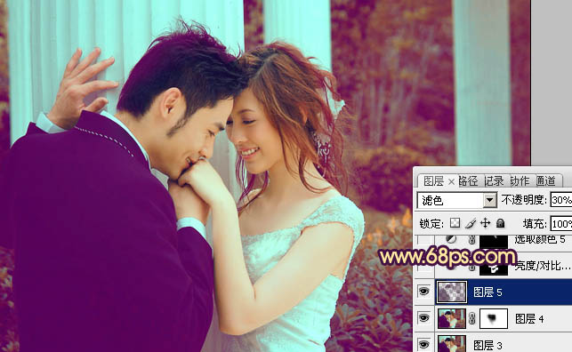 Photoshop为古建筑婚片调成柔美的黄紫色