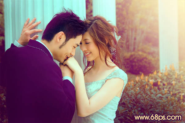 Photoshop为古建筑婚片调成柔美的黄紫色