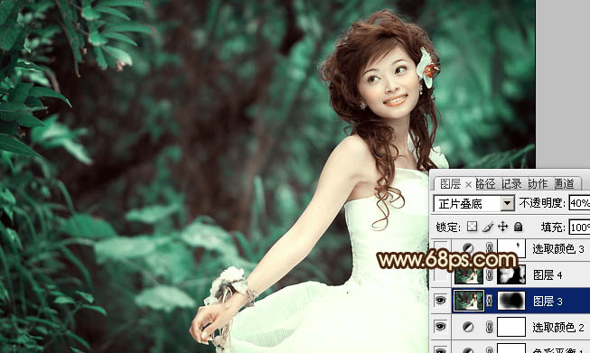 Photoshop将树林美女图片调成甜美的青褐色