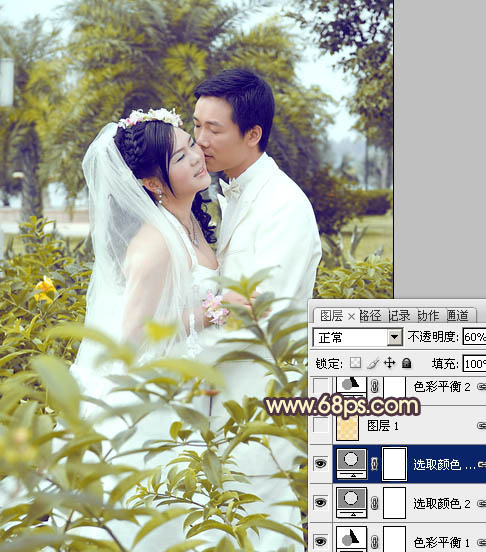 Photoshop为树林婚片调制出柔和的古典黄绿色效果
