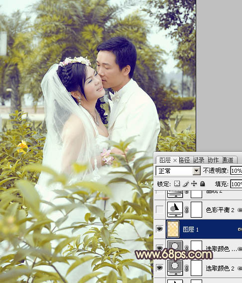 Photoshop为树林婚片调制出柔和的古典黄绿色效果