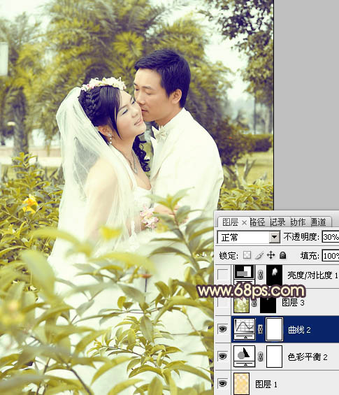 Photoshop为树林婚片调制出柔和的古典黄绿色效果