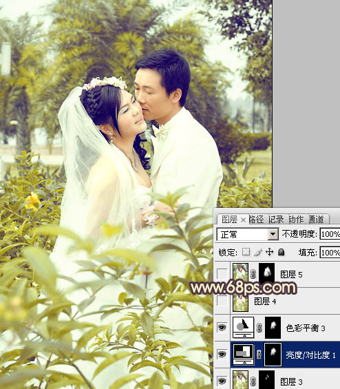 Photoshop为树林婚片调制出柔和的古典黄绿色效果