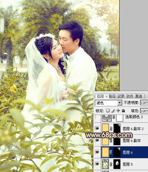 Photoshop为树林婚片调制出柔和的古典黄绿色效果